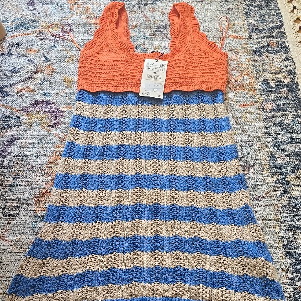 Striped Crochet Dress in Orange, Blue, and Tan
